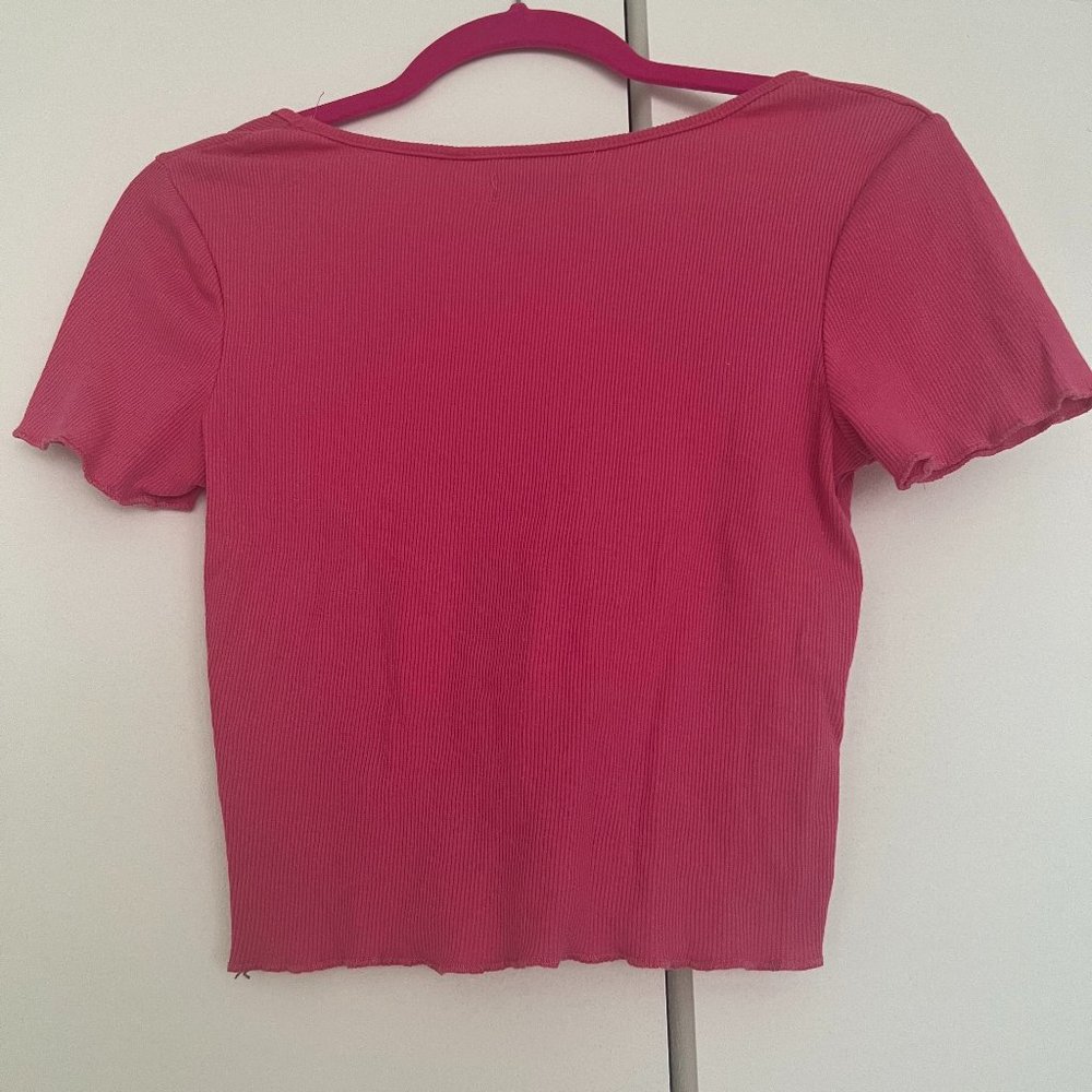 Pink Ruched Ruffle Hem V Neck Top - Picture 2 of 2
